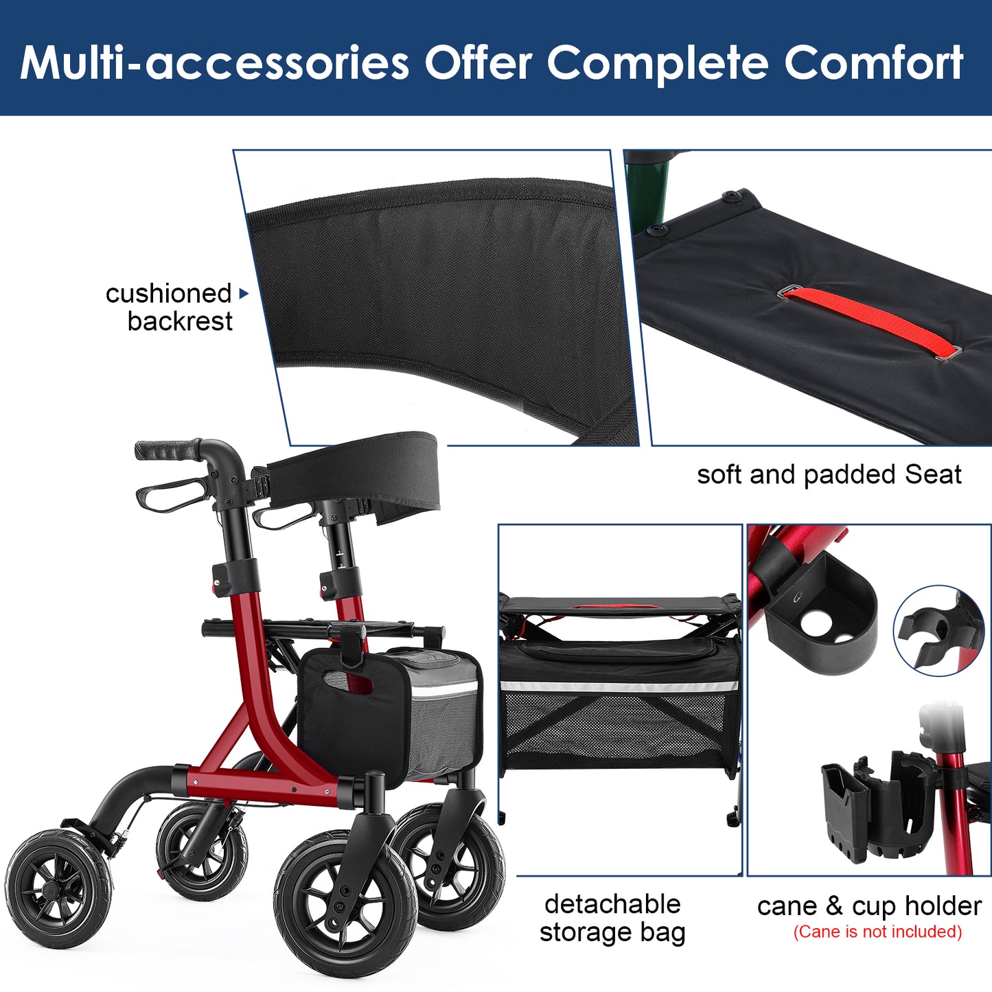Walkers for Seniors, Rollator Walker with Seat, 10" Rubber Wheels All Terrain Rollator Walker with Backrest, Aluminum Walkers Built-in Cable, Foldable and Adjustable Height for Seniors, Red
