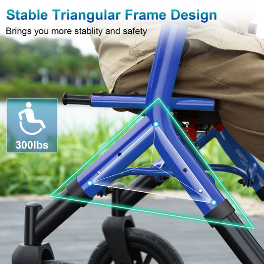 MAXWALK Rollator Walker with Seat, Tall Walkers for Seniors, 12" Big Rubber Wheels All Terrain Rollator Walker with Backrest, Built-in Cable, Foldable and Dual Adjustable Height for 5.3-7ft, Blue