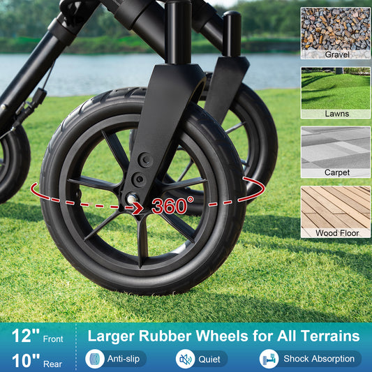 Rollator Walker with Seat, Tall Walkers for Seniors, 12" Big Rubber Wheels All Terrain Rollator Walker with Backrest, Built-in Cable, Foldable and Dual Adjustable Height for 5.3-7ft, Black