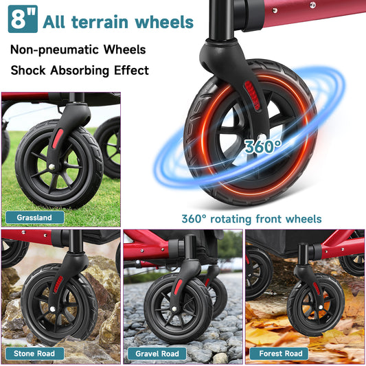 Walkers for Seniors, Rollator Walker with Seat, 8" Rubber Wheels All Terrain Rollator Walker with Backrest, Aluminum Walkers Built-in Cable, Foldable and Adjustable Height for Seniors, Red