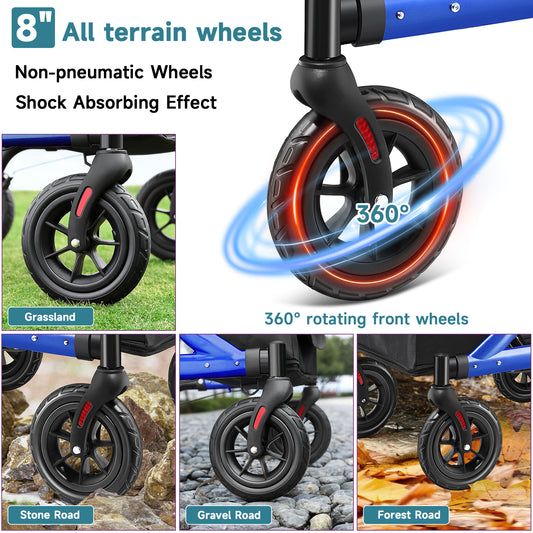 Walkers for Seniors, Rollator Walker with Seat, 8" Rubber Wheels All Terrain Rollator Walker with Backrest, Aluminum Walkers Built-in Cable, Foldable and Adjustable Height for Seniors, Blue