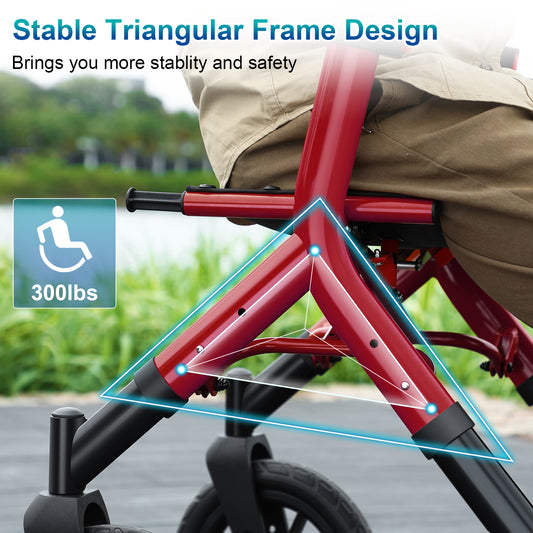 MAXWALK Rollator Walker with Seat, Tall Walkers for Seniors, 12" Big Rubber Wheels All Terrain Rollator Walker with Backrest, Built-in Cable, Foldable and Dual Adjustable Height for 5.3-7ft, Red