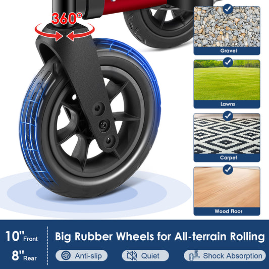 Walkers for Seniors, Rollator Walker with Seat, 10" Rubber Wheels All Terrain Rollator Walker with Backrest, Aluminum Walkers Built-in Cable, Foldable and Adjustable Height for Seniors, Red