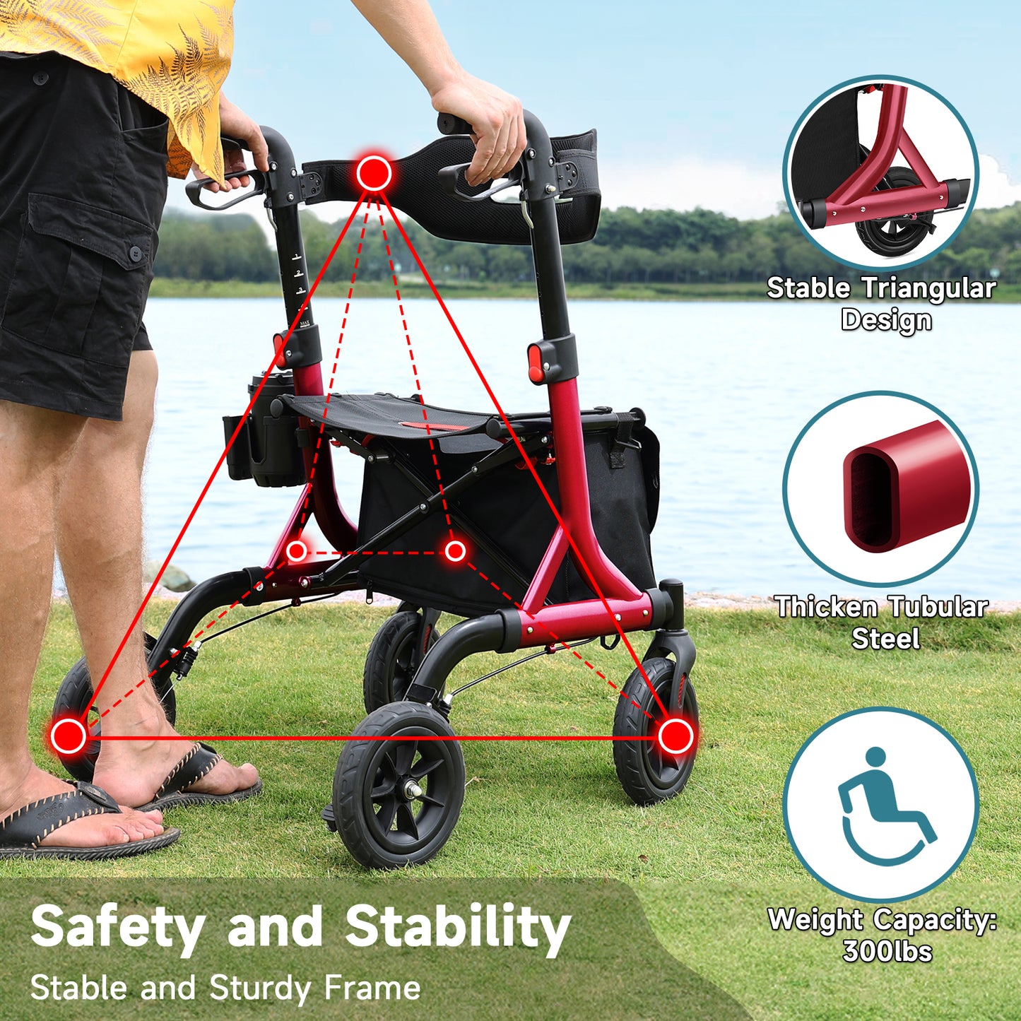 Walkers for Seniors, Rollator Walker with Seat, 8" Rubber Wheels All Terrain Rollator Walker with Backrest, Aluminum Walkers Built-in Cable, Foldable and Adjustable Height for Seniors, Red