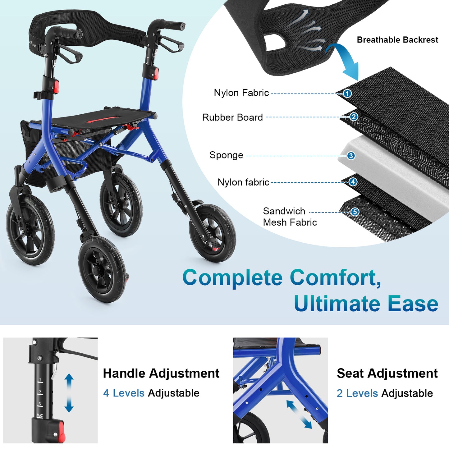 MAXWALK Rollator Walker with Seat, Tall Walkers for Seniors, 12" Big Rubber Wheels All Terrain Rollator Walker with Backrest, Built-in Cable, Foldable and Dual Adjustable Height for 5.3-7ft, Blue