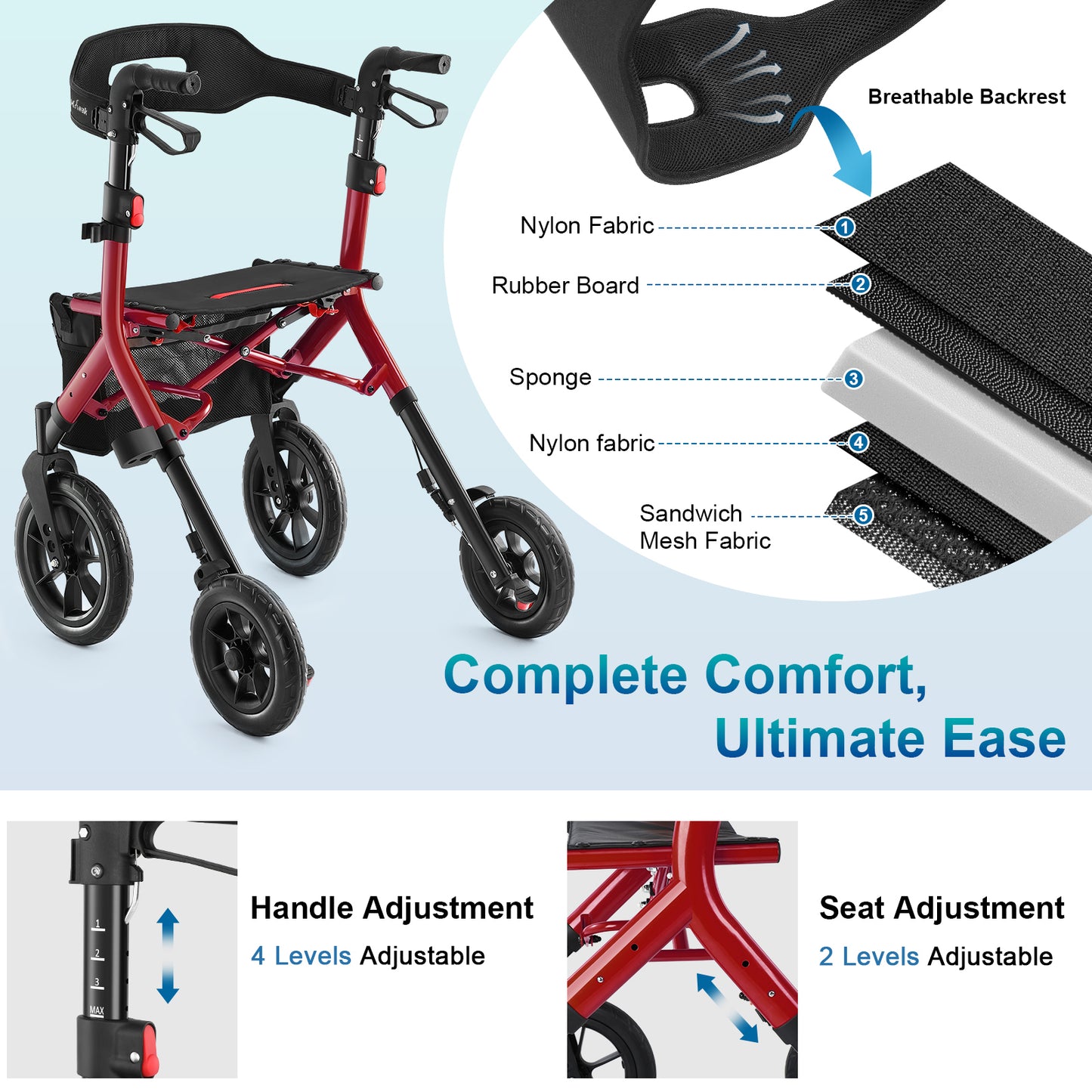 MAXWALK Rollator Walker with Seat, Tall Walkers for Seniors, 12" Big Rubber Wheels All Terrain Rollator Walker with Backrest, Built-in Cable, Foldable and Dual Adjustable Height for 5.3-7ft, Red