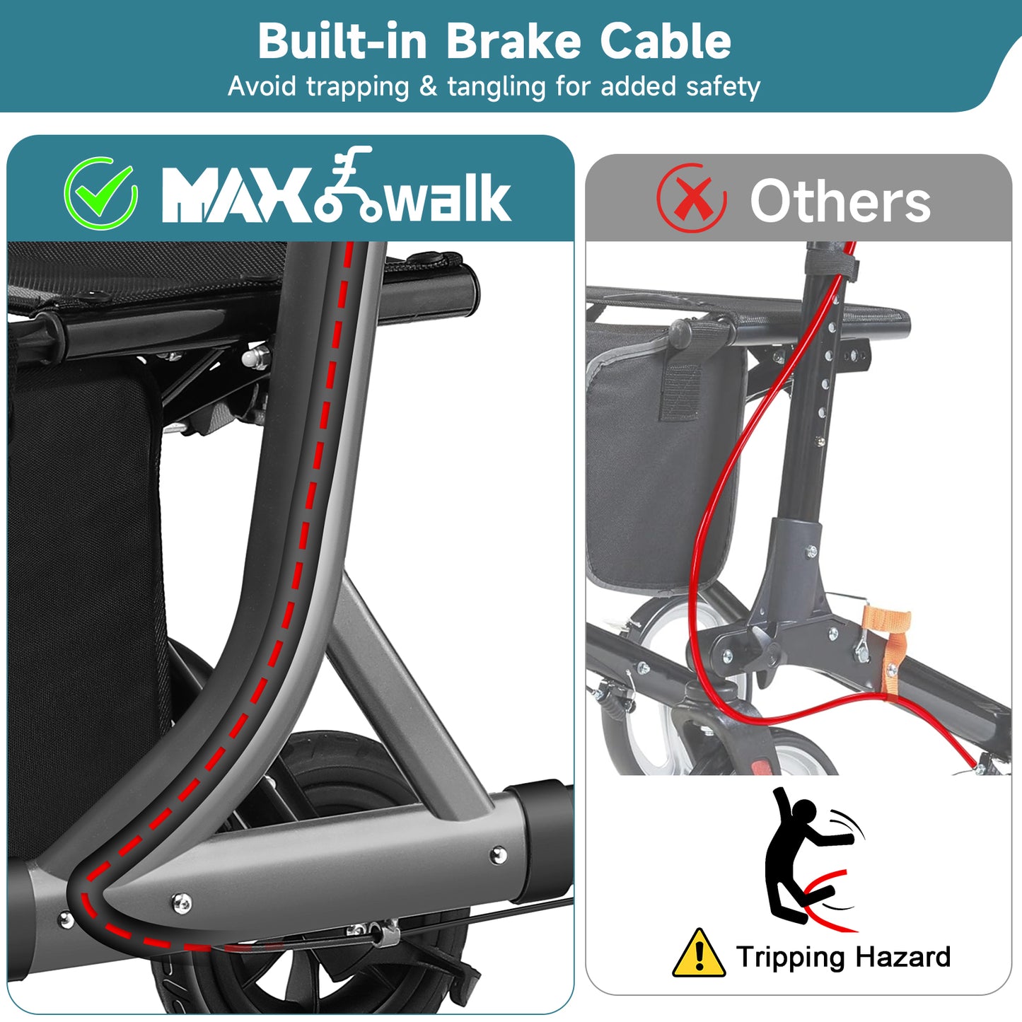 Walkers for Seniors, Rollator Walker with Seat, 8" Rubber Wheels All Terrain Rollator Walker with Backrest, Aluminum Walkers Built-in Cable, Foldable and Adjustable Height for Seniors, Red