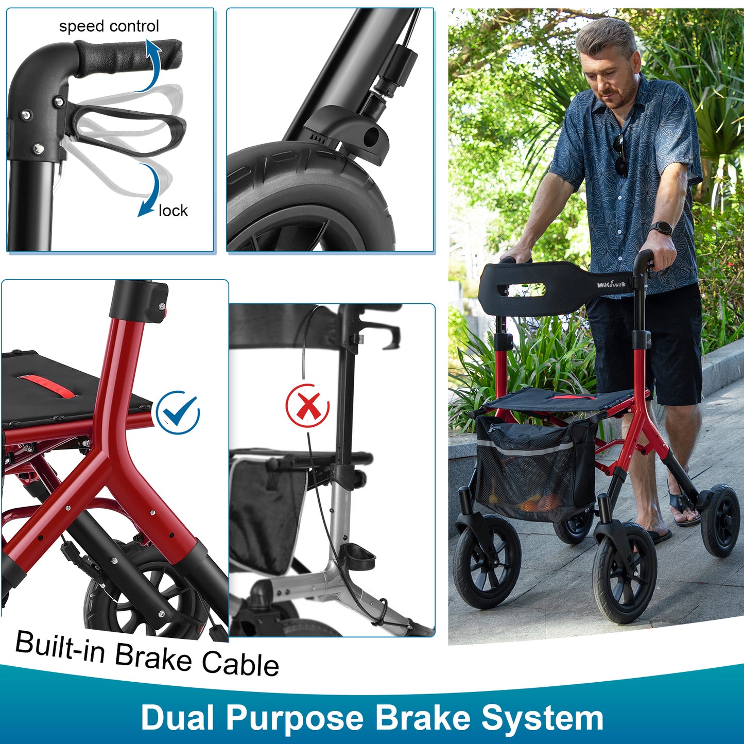 MAXWALK Rollator Walker with Seat, Tall Walkers for Seniors, 12" Big Rubber Wheels All Terrain Rollator Walker with Backrest, Built-in Cable, Foldable and Dual Adjustable Height for 5.3-7ft, Red