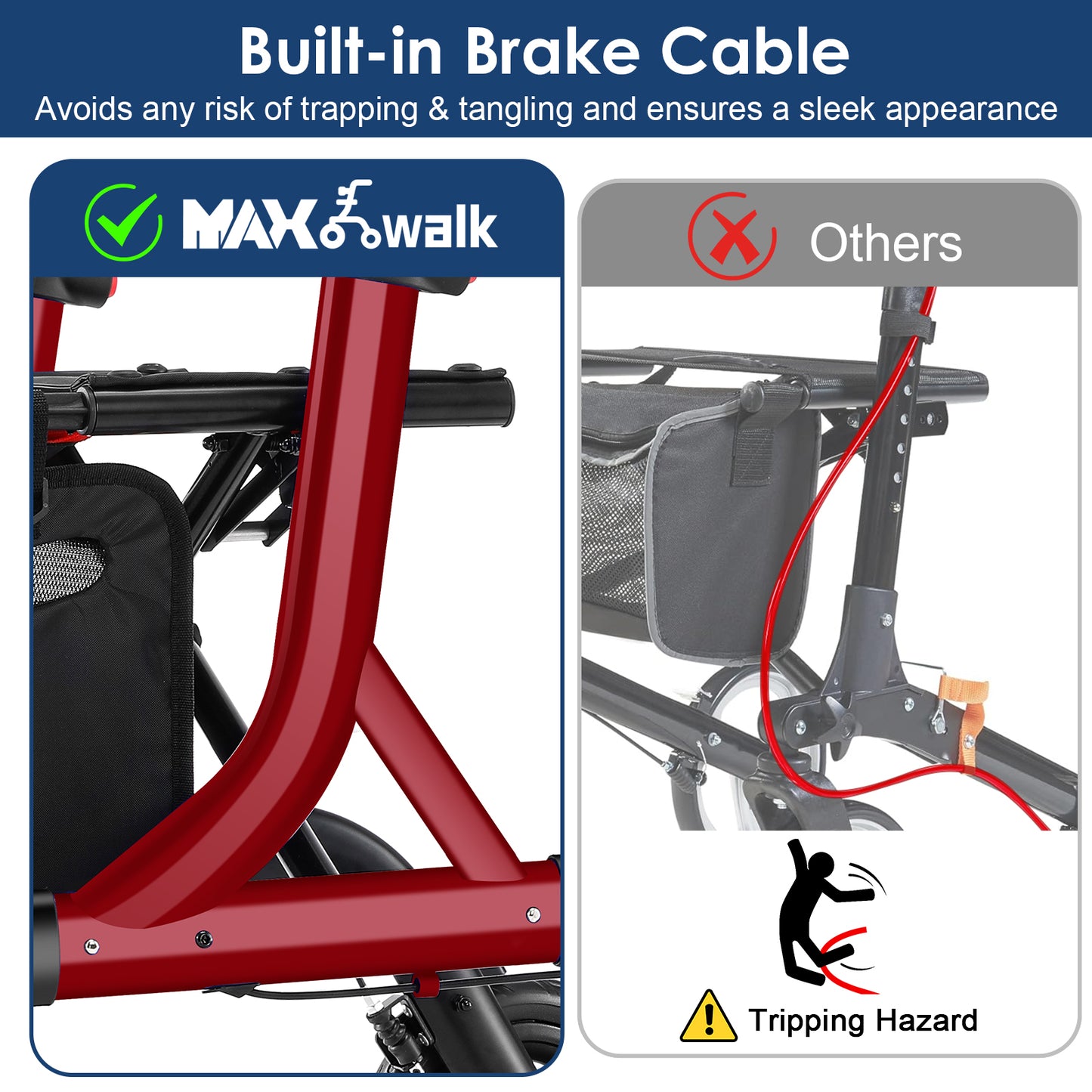 Walkers for Seniors, Rollator Walker with Seat, 10" Rubber Wheels All Terrain Rollator Walker with Backrest, Aluminum Walkers Built-in Cable, Foldable and Adjustable Height for Seniors, Red