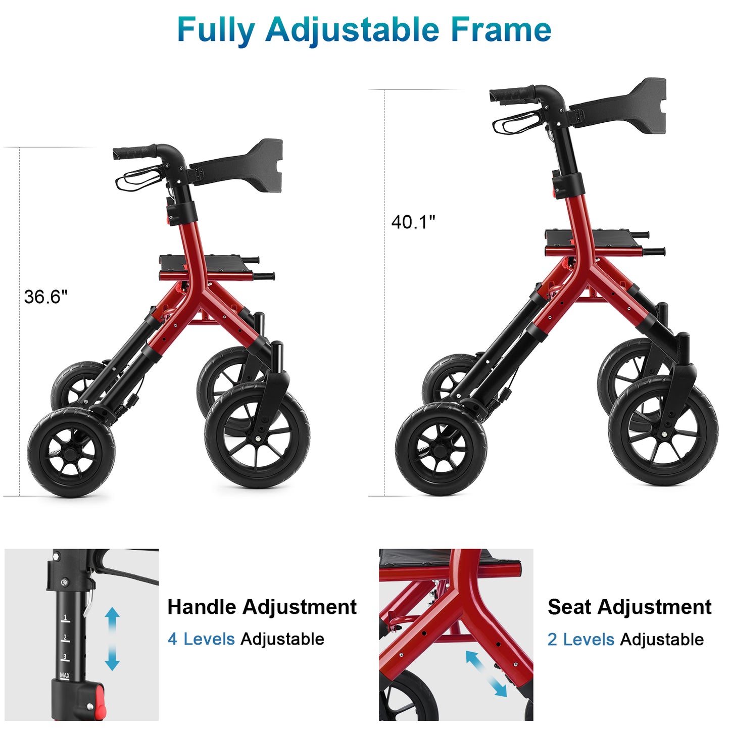 MAXWALK Rollator Walker with Seat, Tall Walkers for Seniors, 12" Big Rubber Wheels All Terrain Rollator Walker with Backrest, Built-in Cable, Foldable and Dual Adjustable Height for 5.3-7ft, Red