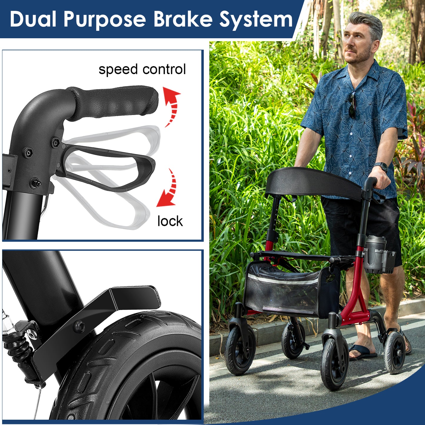 Walkers for Seniors, Rollator Walker with Seat, 10" Rubber Wheels All Terrain Rollator Walker with Backrest, Aluminum Walkers Built-in Cable, Foldable and Adjustable Height for Seniors, Red
