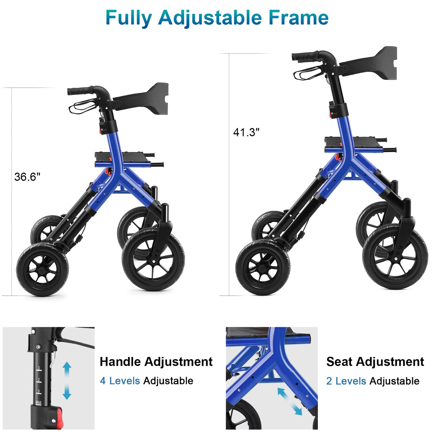 MAXWALK Rollator Walker with Seat, Tall Walkers for Seniors, 12" Big Rubber Wheels All Terrain Rollator Walker with Backrest, Built-in Cable, Foldable and Dual Adjustable Height for 5.3-7ft, Blue