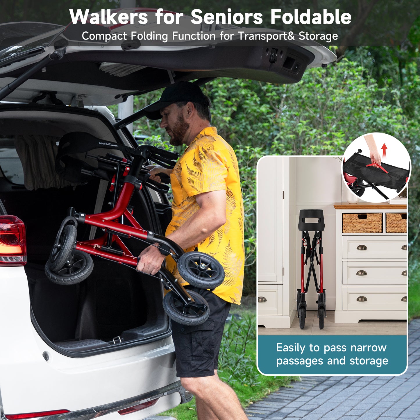 Walkers for Seniors, Rollator Walker with Seat, 8" Rubber Wheels All Terrain Rollator Walker with Backrest, Aluminum Walkers Built-in Cable, Foldable and Adjustable Height for Seniors, Red