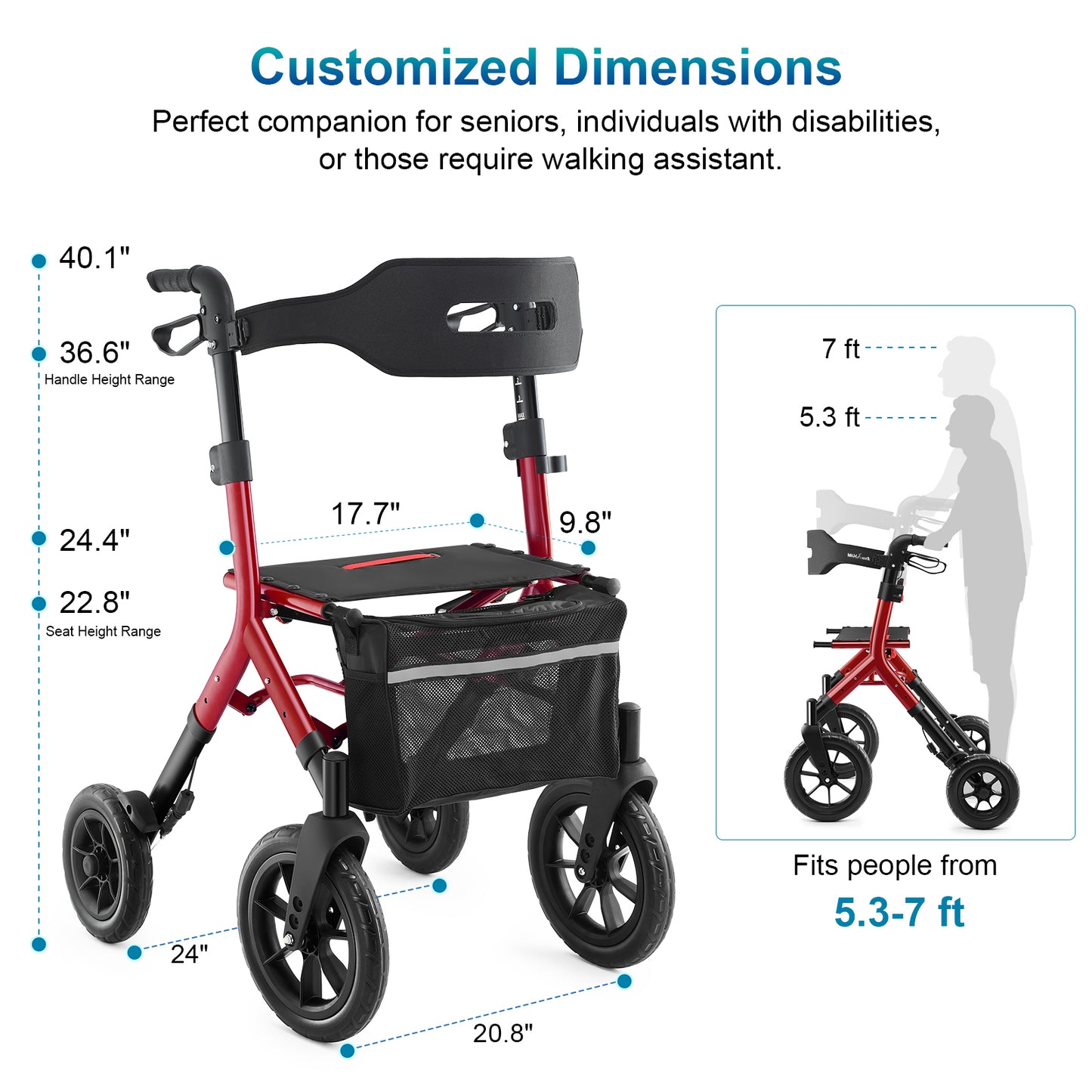 MAXWALK Rollator Walker with Seat, Tall Walkers for Seniors, 12" Big Rubber Wheels All Terrain Rollator Walker with Backrest, Built-in Cable, Foldable and Dual Adjustable Height for 5.3-7ft, Red