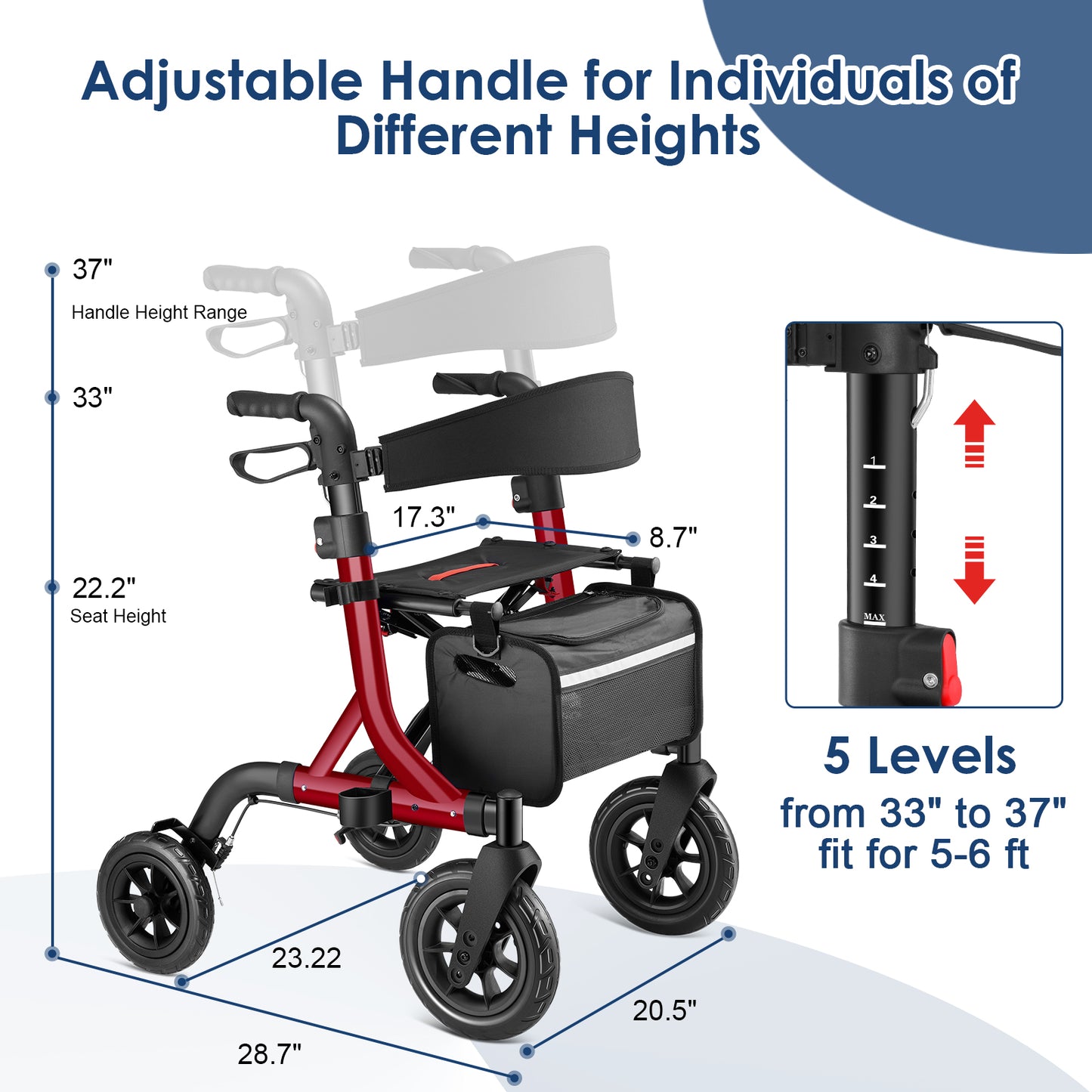 Walkers for Seniors, Rollator Walker with Seat, 10" Rubber Wheels All Terrain Rollator Walker with Backrest, Aluminum Walkers Built-in Cable, Foldable and Adjustable Height for Seniors, Red