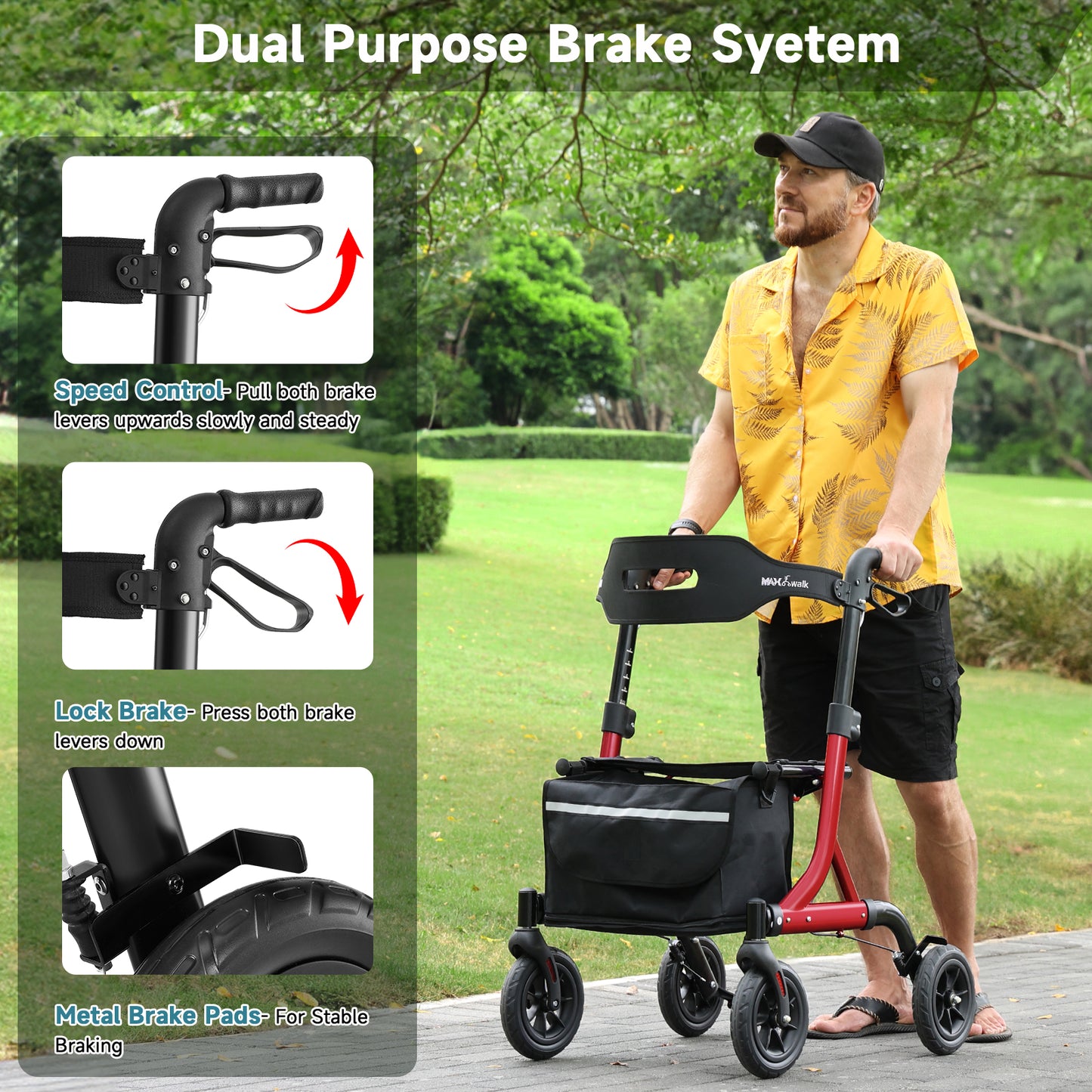 Walkers for Seniors, Rollator Walker with Seat, 8" Rubber Wheels All Terrain Rollator Walker with Backrest, Aluminum Walkers Built-in Cable, Foldable and Adjustable Height for Seniors, Red