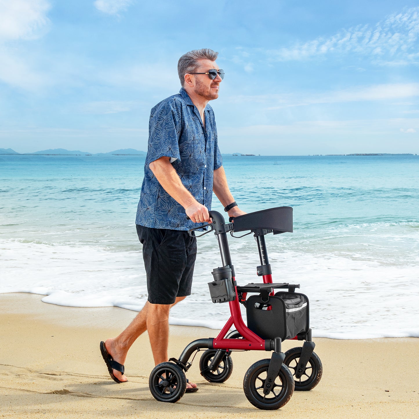 Walkers for Seniors, Rollator Walker with Seat, 10" Rubber Wheels All Terrain Rollator Walker with Backrest, Aluminum Walkers Built-in Cable, Foldable and Adjustable Height for Seniors, Red