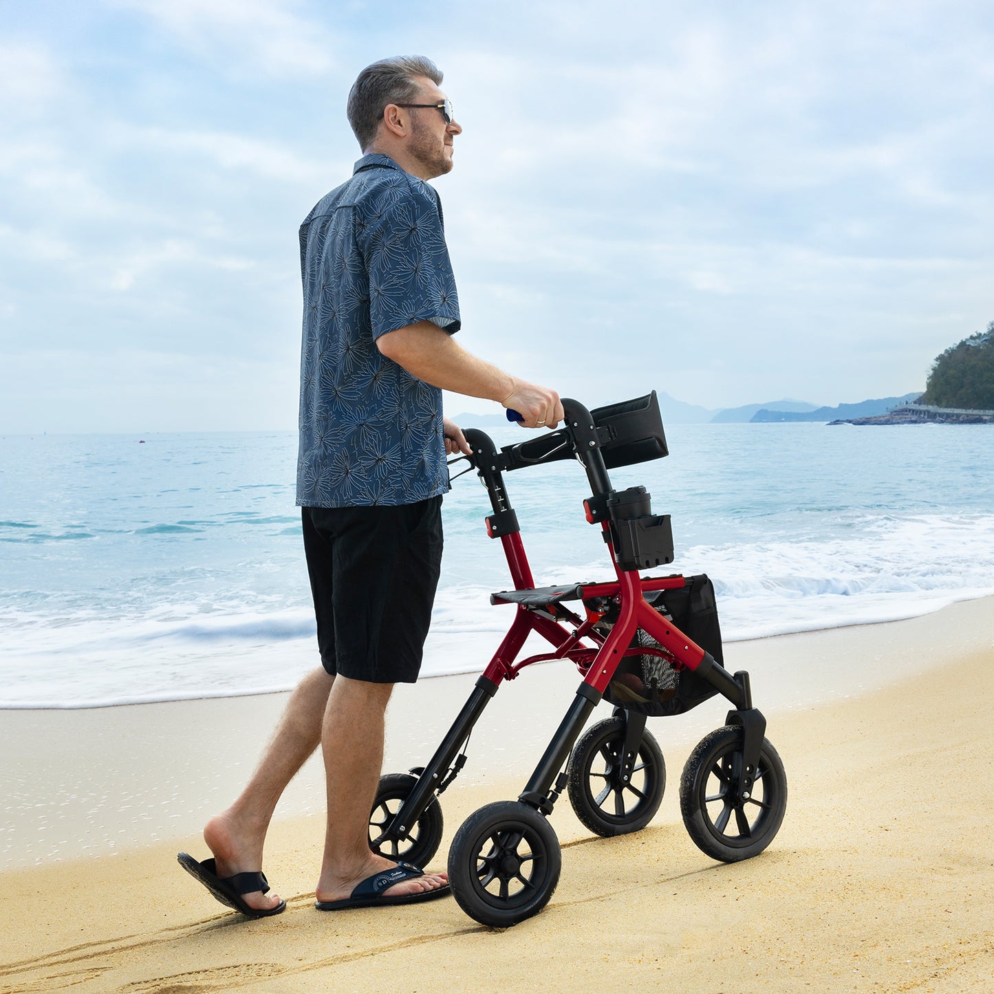 MAXWALK Rollator Walker with Seat, Tall Walkers for Seniors, 12" Big Rubber Wheels All Terrain Rollator Walker with Backrest, Built-in Cable, Foldable and Dual Adjustable Height for 5.3-7ft, Red
