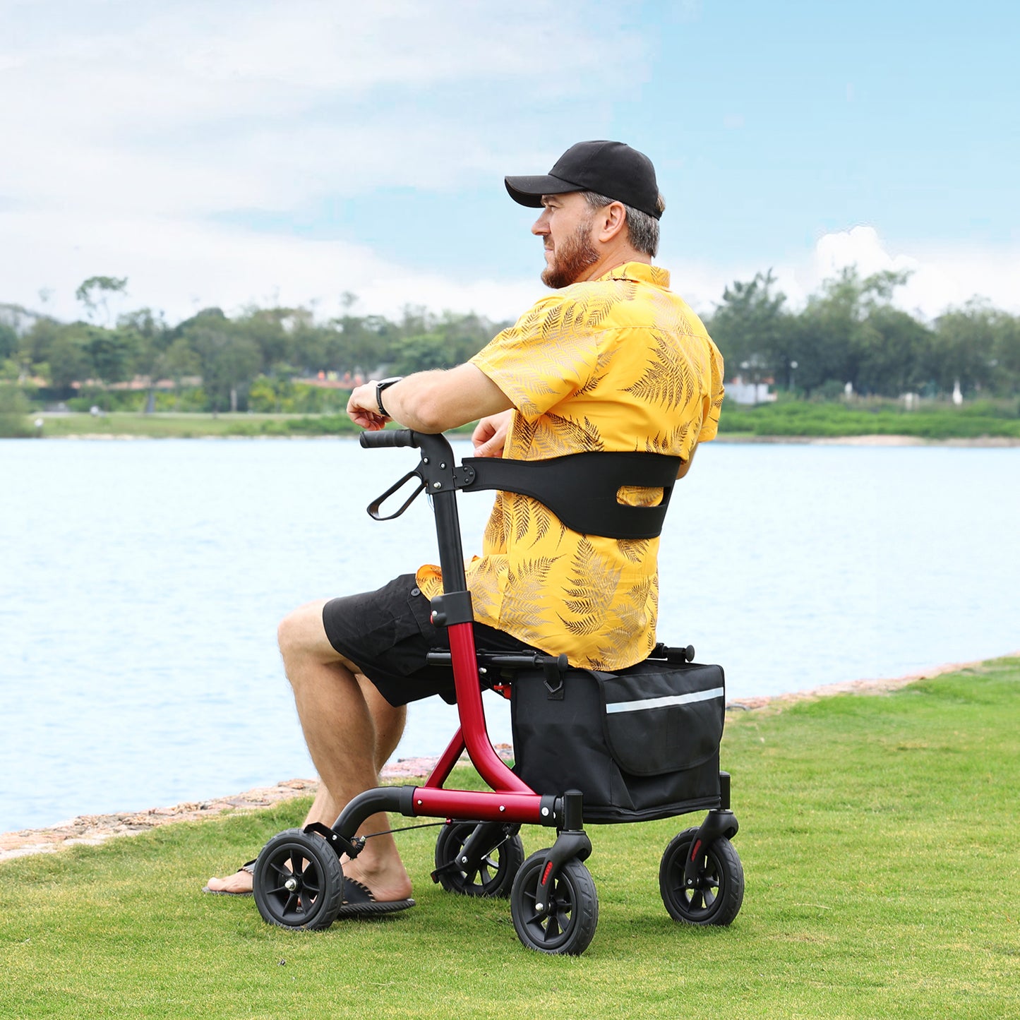 Walkers for Seniors, Rollator Walker with Seat, 8" Rubber Wheels All Terrain Rollator Walker with Backrest, Aluminum Walkers Built-in Cable, Foldable and Adjustable Height for Seniors, Red