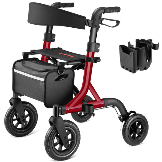Walkers for Seniors, Rollator Walker with Seat, 10" Rubber Wheels All Terrain Rollator Walker with Backrest, Aluminum Walkers Built-in Cable, Foldable and Adjustable Height for Seniors, Red