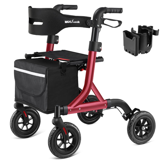 Walkers for Seniors, Rollator Walker with Seat, 8" Rubber Wheels All Terrain Rollator Walker with Backrest, Aluminum Walkers Built-in Cable, Foldable and Adjustable Height for Seniors, Red