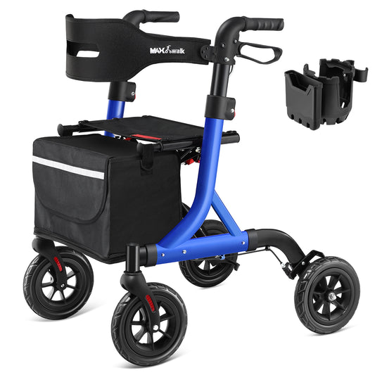 Walkers for Seniors, Rollator Walker with Seat, 8" Rubber Wheels All Terrain Rollator Walker with Backrest, Aluminum Walkers Built-in Cable, Foldable and Adjustable Height for Seniors, Blue