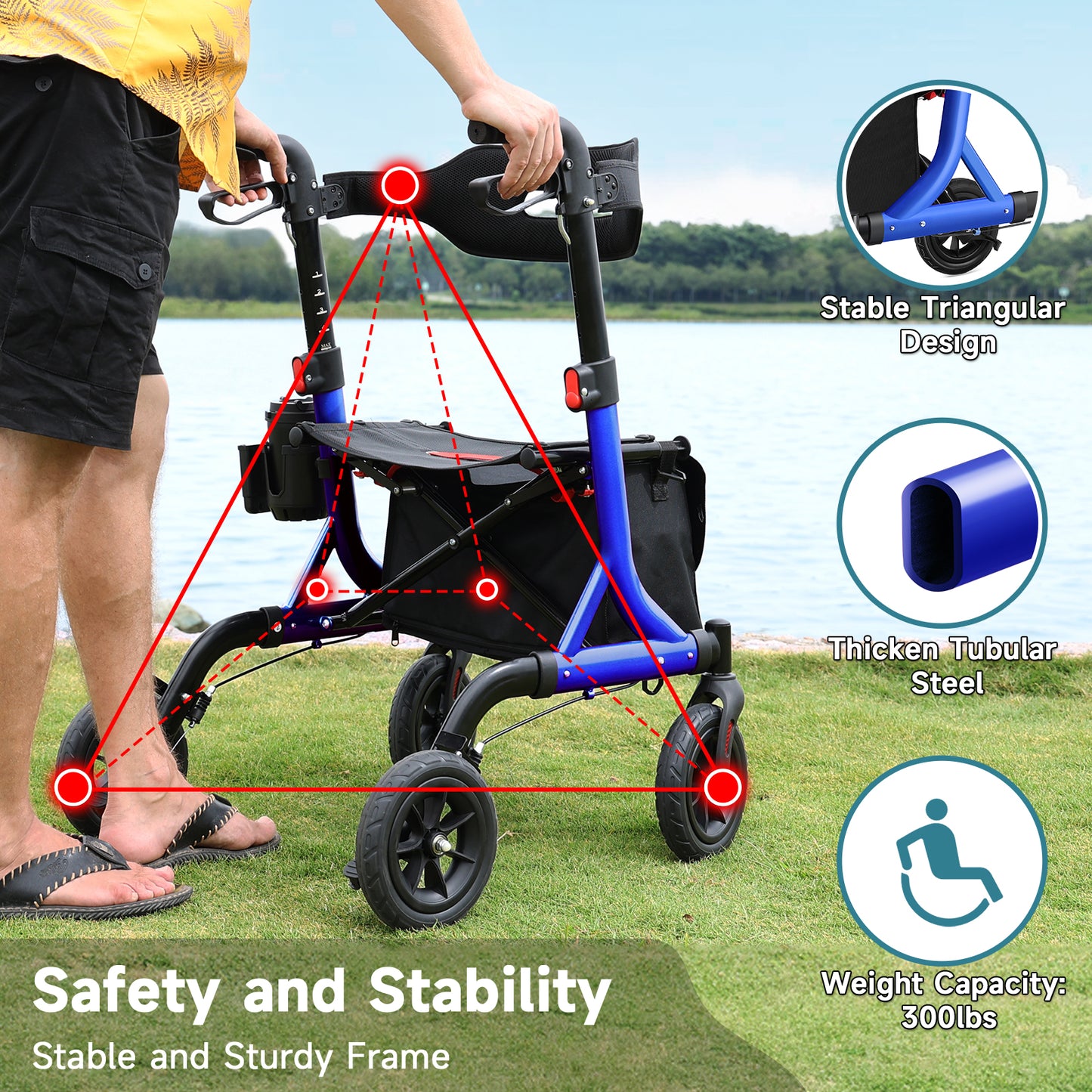 Walkers for Seniors, Rollator Walker with Seat, 8" Rubber Wheels All Terrain Rollator Walker with Backrest, Aluminum Walkers Built-in Cable, Foldable and Adjustable Height for Seniors, Blue