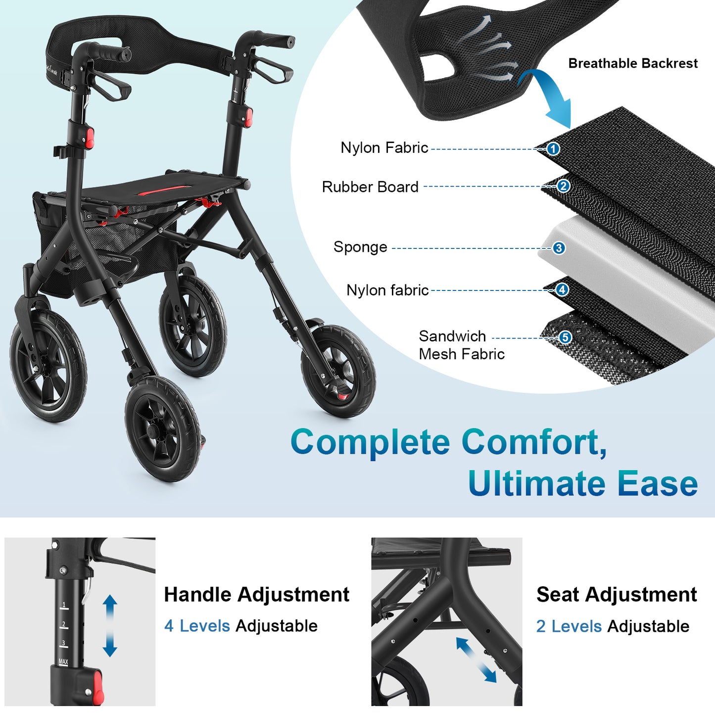 Rollator Walker with Seat, Tall Walkers for Seniors, 12" Big Rubber Wheels All Terrain Rollator Walker with Backrest, Built-in Cable, Foldable and Dual Adjustable Height for 5.3-7ft, Black