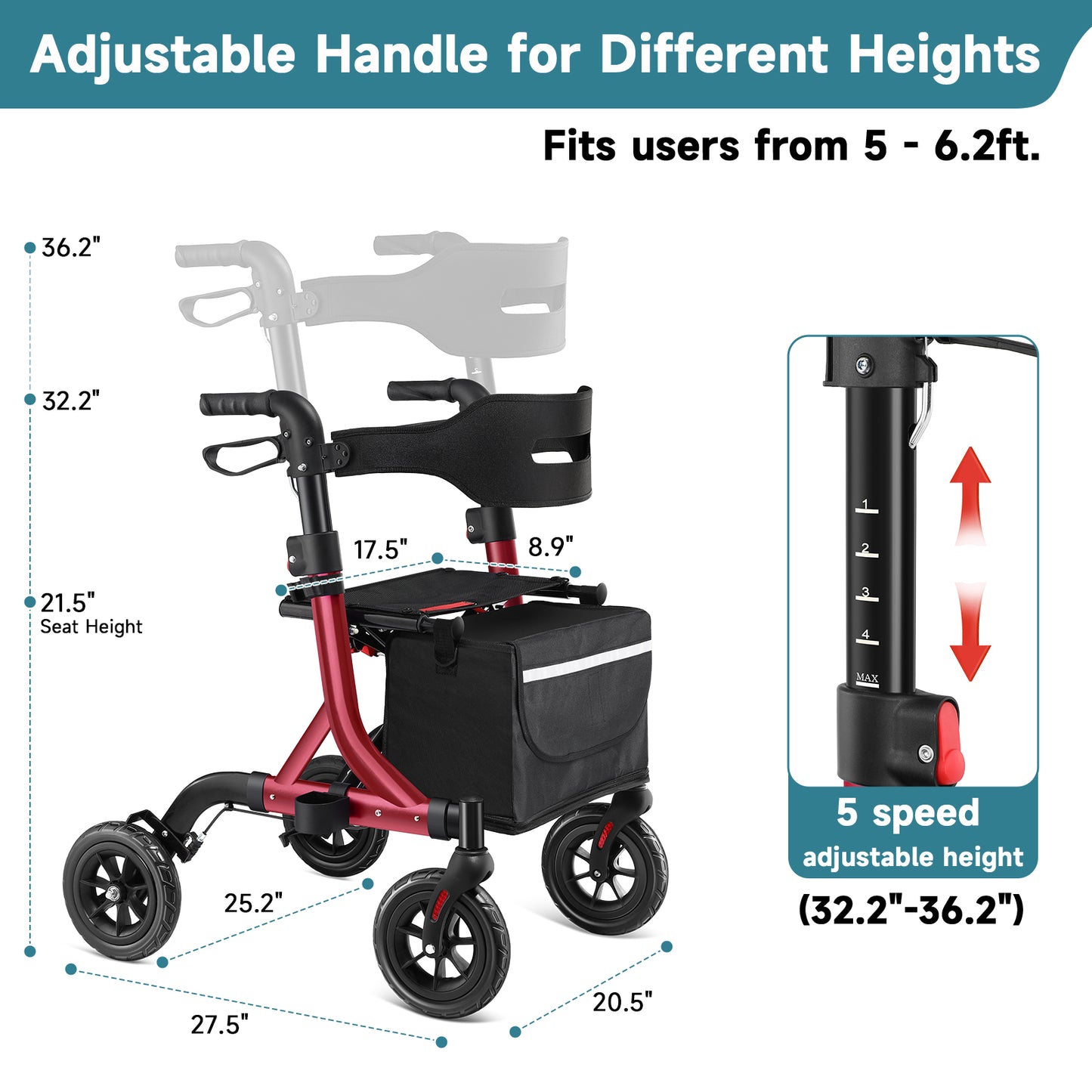 Walkers for Seniors, Rollator Walker with Seat, 8" Rubber Wheels All Terrain Rollator Walker with Backrest, Aluminum Walkers Built-in Cable, Foldable and Adjustable Height for Seniors, Red