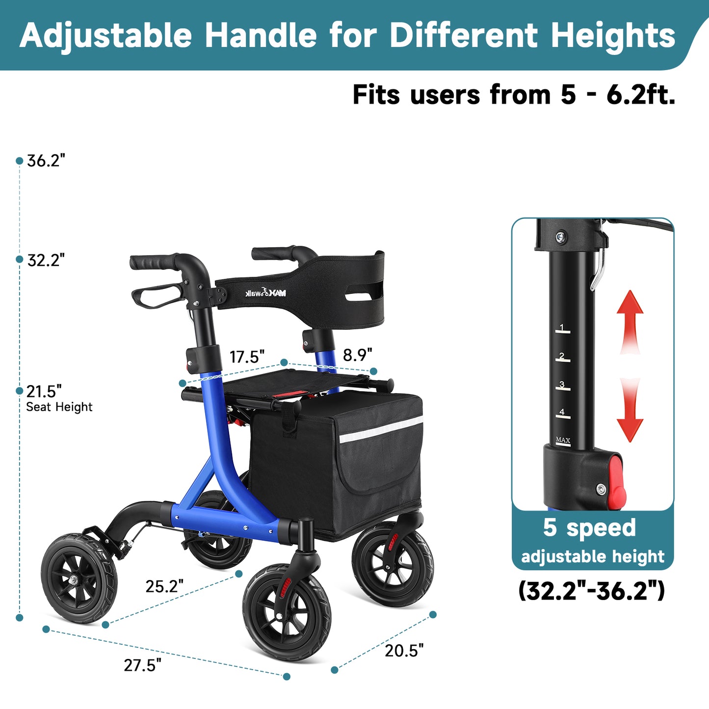 Walkers for Seniors, Rollator Walker with Seat, 8" Rubber Wheels All Terrain Rollator Walker with Backrest, Aluminum Walkers Built-in Cable, Foldable and Adjustable Height for Seniors, Blue