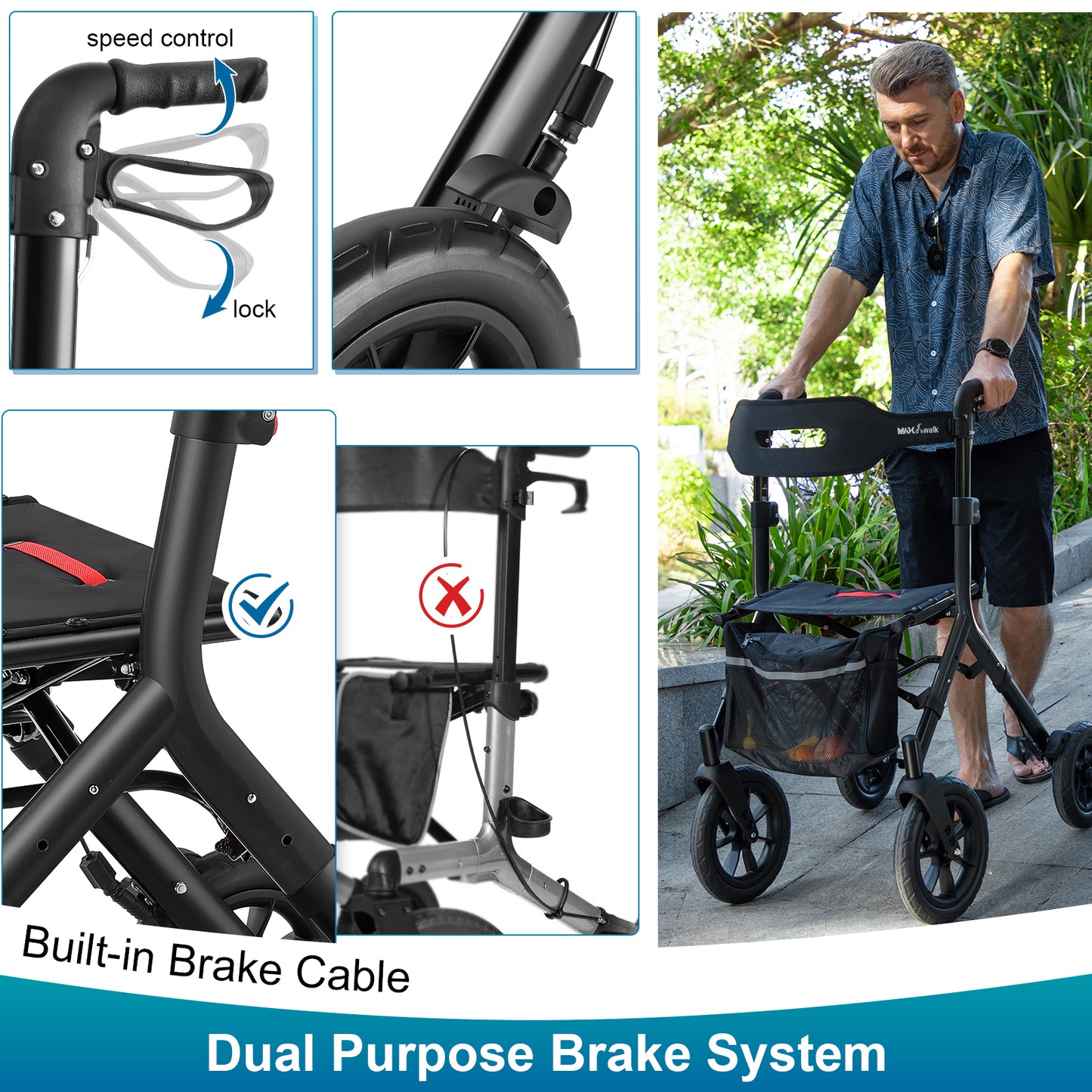 Rollator Walker with Seat, Tall Walkers for Seniors, 12" Big Rubber Wheels All Terrain Rollator Walker with Backrest, Built-in Cable, Foldable and Dual Adjustable Height for 5.3-7ft, Black