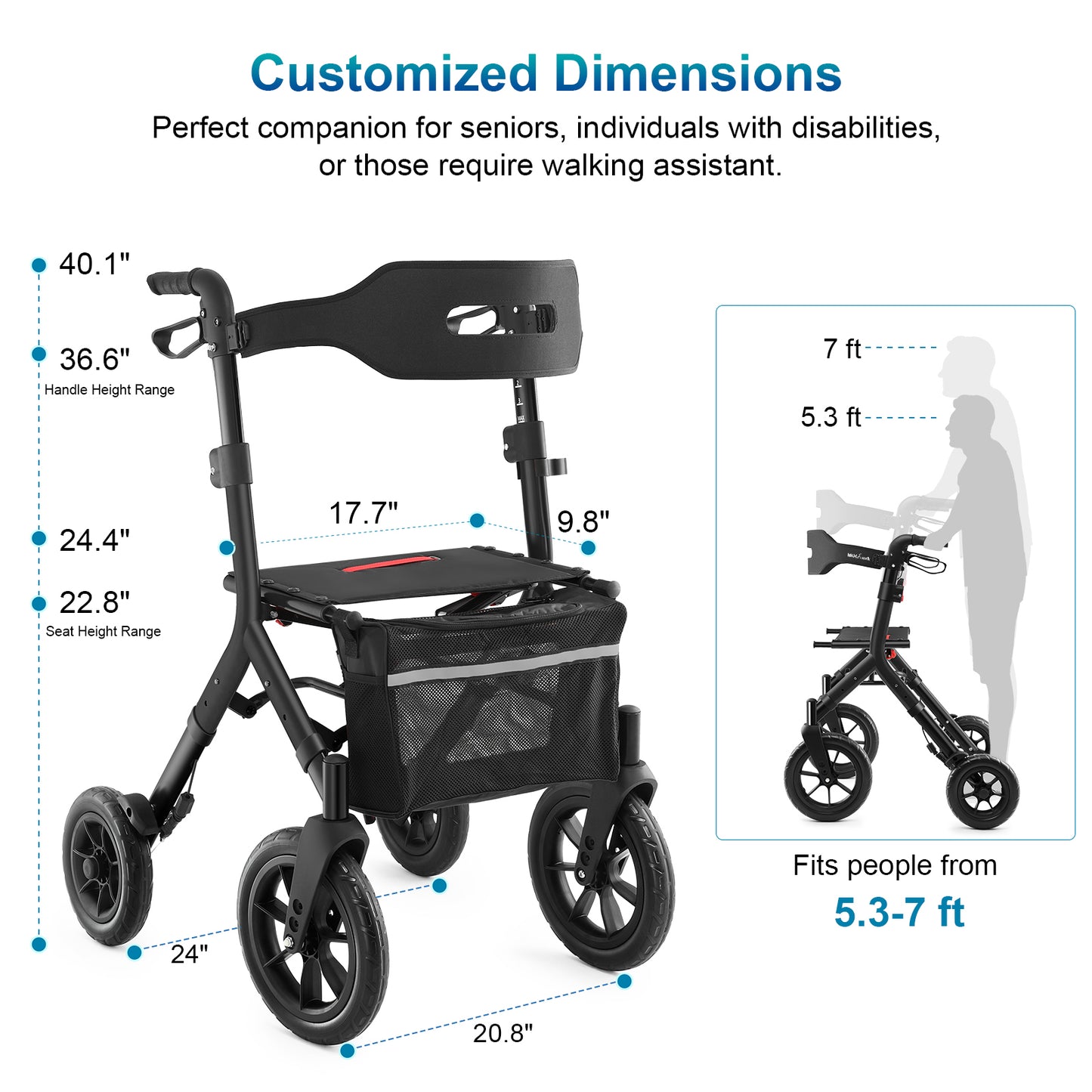 Rollator Walker with Seat, Tall Walkers for Seniors, 12" Big Rubber Wheels All Terrain Rollator Walker with Backrest, Built-in Cable, Foldable and Dual Adjustable Height for 5.3-7ft, Black