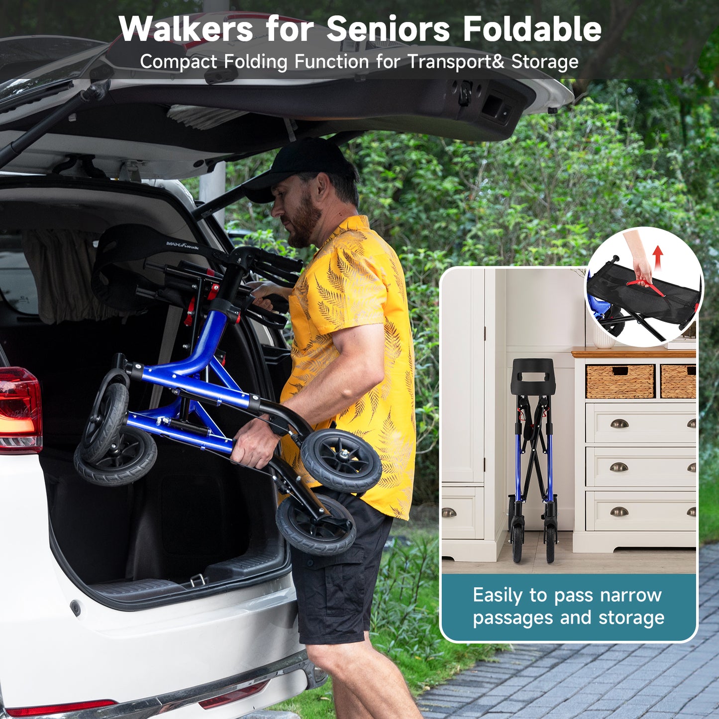 Walkers for Seniors, Rollator Walker with Seat, 8" Rubber Wheels All Terrain Rollator Walker with Backrest, Aluminum Walkers Built-in Cable, Foldable and Adjustable Height for Seniors, Blue
