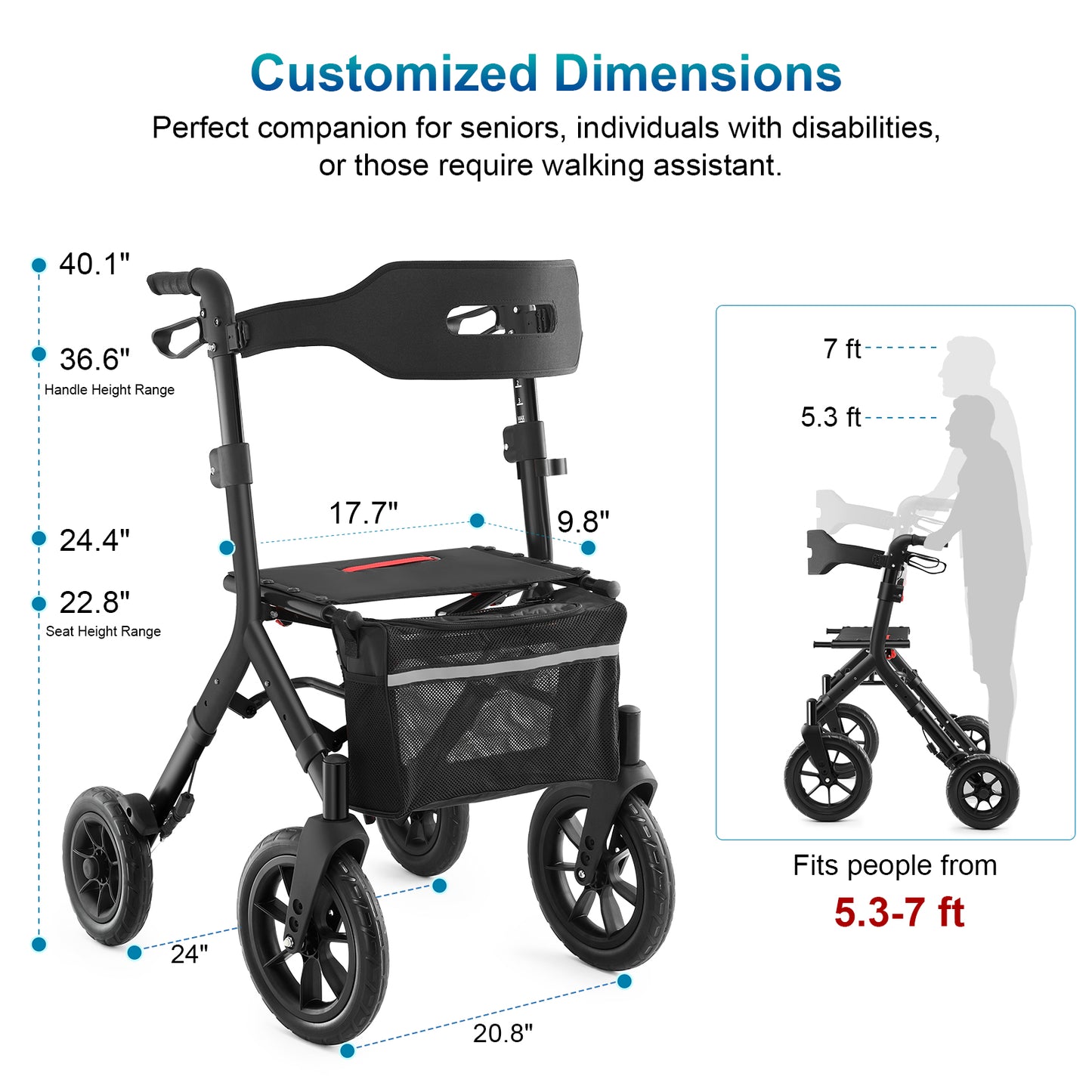 Rollator Walker with Seat, Tall Walkers for Seniors, 12" Big Rubber Wheels All Terrain Rollator Walker with Backrest, Built-in Cable, Foldable and Dual Adjustable Height for 5.3-7ft, Black