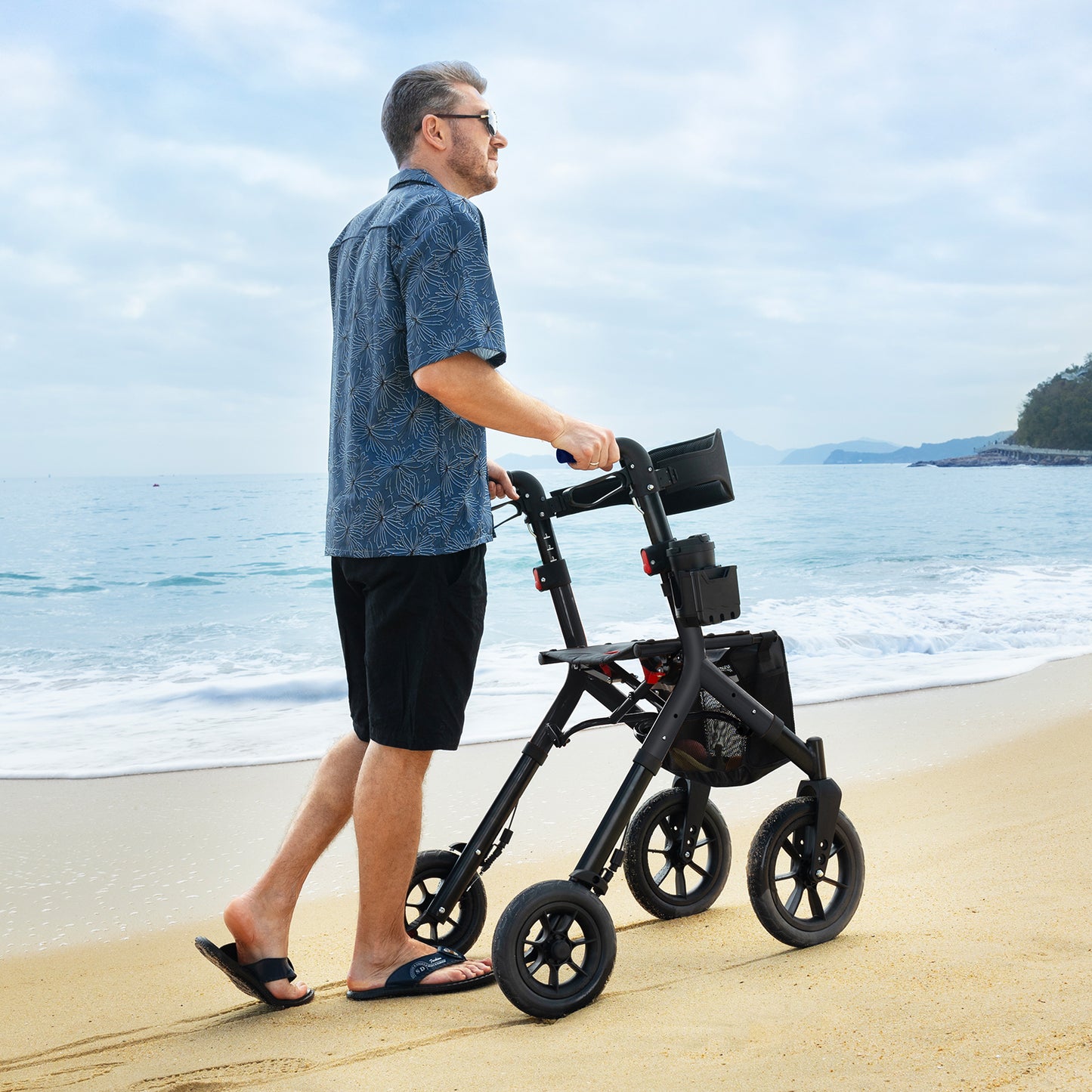 Rollator Walker with Seat, Tall Walkers for Seniors, 12" Big Rubber Wheels All Terrain Rollator Walker with Backrest, Built-in Cable, Foldable and Dual Adjustable Height for 5.3-7ft, Black