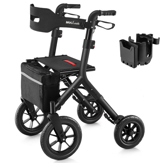 Rollator Walker with Seat, Tall Walkers for Seniors, 12" Big Rubber Wheels All Terrain Rollator Walker with Backrest, Built-in Cable, Foldable and Dual Adjustable Height for 5.3-7ft, Black